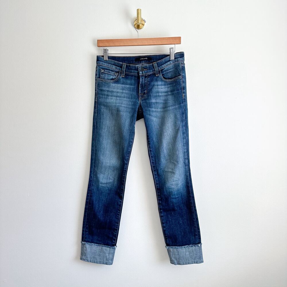 J Brand Jasper Hipster Low Rise Denim Raw Hem Cuffed Straight Leg Jeans Blue 26